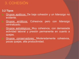 3. COHESIÓN

3.2 Tipos
a. Grupos apáticos: De baja cohesión y un liderazgo no
   evidente.
b. Grupos erráticos: Cohesivos pero con liderazgo
   centralizado.
c. Grupos estratégicos: Muy cohesivos, con demasiada
   actividad laboral y presión permanente en cuanto a
   quejas.
d. Grupos conservadores: Moderadamente cohesivos,
   pocas quejas, alta productividad.
 