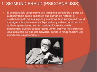 1. SIGMUND FREUD (PSICOANÁLISIS)
   El psicoanálisis surge como una disciplina de estudio a partir de
    la observación de los pacientes que sufrían de histeria, el
    cuestionamiento de sus signos y síntomas llevó a Sigmund Freud
    a indagar sobre las causas subyacentes, y así encontró que los
    motivos aparentes no son en realidad los motivos más
    importantes, que las causas reales tienen que ver más bien con
    toda la historia de vida del individuo, donde la niñez recobra una
    importancia sin precedente.
 