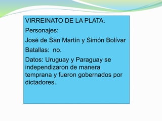 VIRREINATO DE LA PLATA.
Personajes:
José de San Martín y Simón Bolívar
Batallas: no.
Datos: Uruguay y Paraguay se
independizaron de manera
temprana y fueron gobernados por
dictadores.
 
