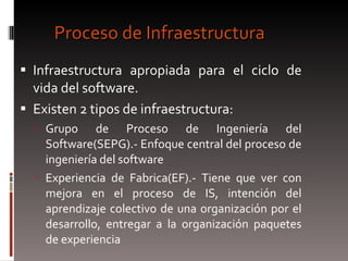 Proceso de Infraestructura Infraestructura apropiada para el ciclo de vida del software. Existen 2 tipos de infraestructura:  Grupo de Proceso de Ingeniería del Software(SEPG).- Enfoque central del proceso de ingeniería del software  Experiencia de Fabrica(EF).- Tiene que ver con mejora en el proceso de IS, intención del aprendizaje colectivo de una organización por el desarrollo, entregar a la organización paquetes de experiencia  