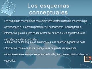 Los esquemas
conceptuales
Los esquemas conceptuales son estructuras jerarquizadas de conceptos que
corresponden a un dominio particular del conocimiento. Incluyen toda la
información que un sujeto posee acerca del mundo en sus aspectos físicos,
naturales, sociales y culturales.
A diferencia de los esquemas situacionales, una cantidad significativa de la
información contenida en los conceptuales no puede ser aprendida
espontáneamente, sólo por experiencia de vida, sino que requieren instrucción
específica.
 