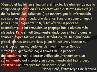 “Cuando el lector se sitúa ante el texto, los elementos que lo
componen generan en él expectativas a distintos niveles (el
de las letras, las palabras...) de manera que la información
que se procesa en cada uno de ellos funciona como un input
para el nivel siguiente; así, a través de un proceso
ascendente, la información se propaga hacia niveles más
elevados. Pero simultáneamente, dado que el texto genera
también expectativas a nivel semántico, de su significado
global, dichas expectativas guían la lectura y buscan su
verificación en indicadores de nivel inferior (léxico,
sintáctico, grafo-fónico) a través de un proceso
descendente. Así, el lector utiliza simultáneamente su
conocimiento del mundo y su conocimiento del texto para
construir una interpretación acerca de aquél.”
Isabel Solé, Estrategias de lectura
 