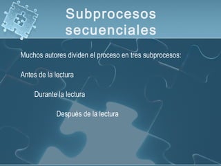 Subprocesos
secuenciales
Muchos autores dividen el proceso en tres subprocesos:
Antes de la lectura
Durante la lectura
Después de la lectura
 