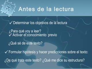 Antes de la lectura
Determinar los objetivos de la lectura
¿Para qué voy a leer?
Activar el conocimiento previo
¿Qué sé de este texto?
Formular hipótesis y hacer predicciones sobre el texto:
¿De qué trata este texto? ¿Qué me dice su estructura?
 