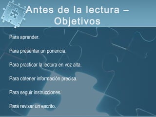 Antes de la lectura –
Objetivos
Para aprender.
Para presentar un ponencia.
Para practicar la lectura en voz alta.
Para obtener información precisa.
Para seguir instrucciones.
Para revisar un escrito.
 