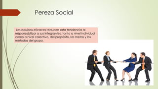 Pereza Social
Los equipos eficaces reducen esta tendencia al
responsabilizar a sus integrantes, tanto a nivel individual
como a nivel colectivo, del propósito, las metas y los
métodos del grupo.
 