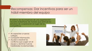 Recompensas: Dar incentivos para ser un
hábil miembro del equipo
El sistema de recompensas de una organización
necesita rediseñarse de manera que estimule los
esfuerzos de cooperación en lugar de los
competitivos
 Al capacitar a nuevos
colegas,
 Compartir información,
 Ayudar a resolver los
conflictos que surgen en el
equipo y dominar nuevas
habilidades fundamentales
 