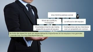 Compromiso de los miembros
con un propósito en común.
El establecimiento de metas
especificas para el equipo
La eficacia del equipo
Nivel de conflicto
manejable
Una mínima pereza social
Se trata de aspectos que son especialmente importantes en los equipos mas grandes
y donde hay mucha interdependencia.
 