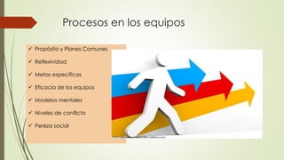 Procesos en los equipos
 Propósito y Planes Comunes
 Reflexividad
 Metas especificas
 Eficacia de los equipos
 Modelos mentales
 Niveles de conflicto
 Pereza social
 