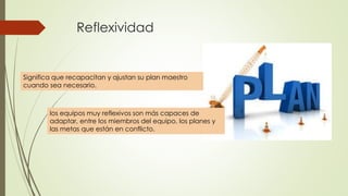 Reflexividad
Significa que recapacitan y ajustan su plan maestro
cuando sea necesario.
los equipos muy reflexivos son más capaces de
adaptar, entre los miembros del equipo, los planes y
las metas que están en conflicto.
 