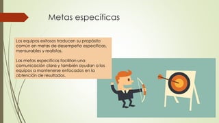 Metas específicas
Los equipos exitosos traducen su propósito
común en metas de desempeño específicas,
mensurables y realistas.
Las metas específicas facilitan una
comunicación clara y también ayudan a los
equipos a mantenerse enfocados en la
obtención de resultados.
 