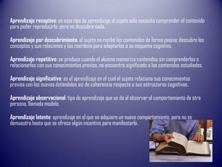 Aprendizaje receptivo: en este tipo de aprendizaje el sujeto sólo necesita comprender el contenido
para poder reproducirlo, pero no descubre nada.
Aprendizaje por descubrimiento: el sujeto no recibe los contenidos de forma pasiva; descubre los
conceptos y sus relaciones y los reordena para adaptarlos a su esquema cognitivo.
Aprendizaje repetitivo: se produce cuando el alumno memoriza contenidos sin comprenderlos o
relacionarlos con sus conocimientos previos, no encuentra significado a los contenidos estudiados.
Aprendizaje significativo: es el aprendizaje en el cual el sujeto relaciona sus conocimientos
previos con los nuevos dotándolos así de coherencia respecto a sus estructuras cognitivas.
Aprendizaje observacional: tipo de aprendizaje que se da al observar el comportamiento de otra
persona, llamada modelo.
Aprendizaje latente: aprendizaje en el que se adquiere un nuevo comportamiento, pero no se
demuestra hasta que se ofrece algún incentivo para manifestarlo.
 