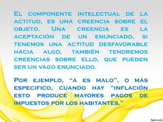 El componente intelectual de la
actitud, es una creencia sobre el
objeto.   Una   creencia   es  la
aceptación de un enunciado, si
tenemos una actitud desfavorable
hacia   algo,  también  tendremos
creencias sobre ello, que pueden
ser un vago enunciado.

Por ejemplo, “a es malo”, o más
especifico, cuando hay “inflación
esto produce mayores pagos de
impuestos por los habitantes.”
 