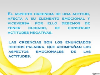 El aspecto creencia de una actitud,
afecta a su elemento emocional y
viceversa. por ello debemos de
tener    cuidado,    de  construir
actitudes negativas.

Las creencias son los enunciados
hechos palabra, que acompañan los
aspectos   emocionales   de   las
actitudes.
 