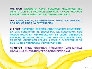 AVERSION: DISGUSTO, ASCO, SOLEMOS ALEJARNOS DEL
OBJETO QUE NOS PRODUCE AVERSION. YA QUE PRODUCE
RECHAZO HACIA AQUELLO QUE TENEMOS DELANTE.

IRA: RABIA, ENOJO, RESENTIMIENTO, FURIA, IRRITABILIDAD.
NOS INDUCE HACIA LA DESTRUCCION.

ALEGRIA: DIVERSION, EUFORIA, GRATIFICACION, CONTENTOS,
DA UNA SENSACION DE BIENESTAR, DE SEGURIDAD. NOS
INDUCE HACIA LA REPRODUCCION, ES DECIR, DESEAMOS
REPRODUCIR AQUEL SUCESO QUE NOS HACE SENTIR BIEN,
ES DECIR, QUEREMOS VOLVER A VIVIRLO O REPETIRLO YA
QUE HA SIDO AGRADABLE Y SATISFACTORIO.

TRISTEZA: PENA, SOLEDAD, PESIMISMO. NOS MOTIVA
HACIA UNA NUEVA REINTEGRACION PERSONAL.
 