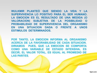 WULKMIR PLANTEÓ QUE SIENDO LA VIDA Y LA
SUPERVIVENCIA LO POSITIVO PARA EL SER HUMANO.
LA EMOCION ES EL RESULTADO DE UNA MEDIDA (O
VALORACION) SUBJETIVA DE LA POSIBILIDAD O
PROBABILIDAD DE SUPERVIVENCIA DEL ORGANISMO
EN UNA SITUACION DADA O FRENTE A UNOS
ESTIMULOS DETERMINADOS.


POR TANTO, LA EMOCION INFORMA AL ORGANISMO
ACERCA DE LA FAVORABILIDAD DE CADA SITUACION.
DIRIAMOS PUES, QUE LA EMOCION SE COMPORTA
COMO UNA VARIABLE DE ESTADO INTENSIVA, ES
DECIR, EL VALOR TOTAL, ES IGUAL AL PROMEDIO DE
LAS PARTES.
 