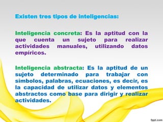 Existen tres tipos de inteligencias:


Inteligencia concreta: Es la aptitud con la
que cuenta un sujeto para realizar
actividades manuales, utilizando datos
empíricos.

Inteligencia abstracta: Es la aptitud de un
sujeto determinado para trabajar con
símbolos, palabras, ecuaciones, es decir, es
la capacidad de utilizar datos y elementos
abstractos como base para dirigir y realizar
actividades.
 