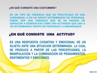 ¿EN QUÉ CONSISTE UNA COSTUMBRE?

ES UN TIPO DE CREENCIA QUE ES PRACTICADA EN UNA
COMUNIDAD, O EN UN GRUPO DETERMINADO DE PERSONAS.
PUEDE SER UNA CREENCIA QUE SE HA PASADO DE
GERACION A GENERACION COMO UNA ACTIVIDAD QUE UNE A
UN DETERMINADO GRUPO DE PERSONAS O COMUNIDADES.


¿EN QUÉ CONSISTE UNA ACTITUD?

ES UNA RESPUESTA COGNITIVA Y EMOCIONAL DE UN
SUJETO ANTE UNA SITUACION DETERMINADA. LA CUAL
SE PRODUCE A PARTIR DE LAS PERCEPCIONES, LA
MANIPULACION Y LA COMBINACION DE PENSAMIENTOS,
SENTIMIENTOS Y EMOCIONES.
 