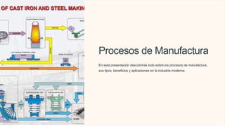 Procesos de Manufactura
En esta presentación descubrirás todo sobre los procesos de manufactura,
sus tipos, beneficios y aplicaciones en la industria moderna.
 