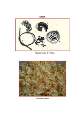 Anexos




Tipos de virutas de Metales.




 Virutas de madera
 