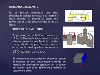 DOBLADO DESLIZANTE
En el doblado deslizante, una placa
presiona la lámina metálica a la matriz o
dado mientras el punzón le ejerce una
fuerza que la dobla alrededor del borde del
dado.
PROCESO DE EMBUTIDO
El proceso de embutido consiste en
colocar la lámina de metal sobre un dado
y luego presionándolo hacia la cavidad
con ayuda de un punzón que tiene la
forma en la cual quedará formada la
lámina.
PROCESO DE LAMINADO
El laminado es un proceso en el que se reduce
el espesor de una pieza larga a través de
fuerzas de compresión ejercidas por un juego
de rodillos, que giran apretando y halando la
pieza entre ellos.
 