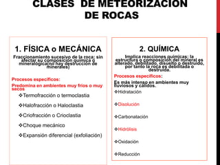 CLASES DE METEORIZACIÓN
DE ROCAS
1. FÍSICA o MECÁNICA
Fraccionamiento sucesivo de la roca; sin
afectar su composición química o
mineralógica(no hay destrucción de
minerales)
Procesos específicos:
Predomina en ambientes muy fríos o muy
secos
Termofracción o termoclastia
Halofracción o Haloclastia
Criofracción o Crioclastia
Choque mecánico
Expansión diferencial (exfoliación)
2. QUÍMICA
Implica reacciones químicas; la
estructura o composición del mineral es
alterado, debilitado, disuelto o destruido,
por tanto la roca es debilitada o
destruida.
Procesos específicos:
Es más intenso en ambientes muy
lluviosos y cálidos.
Hidratación
Disolución
Carbonatación
Hidrólisis
Oxidación
Reducción
 