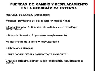 FUERZAS DE CAMBIO Y DESPLAZAMIENTO
EN LA GEODINÁMICA EXTERNA
FUERZAS DE CAMBIO (Denudación)
Fuerza gravitatoria del sol la luna  mareas y olas
Radiación solar  dinámica atmosférica, ciclo hidrológico,
termofracción,
Gravedad terrestre  procesos de aplanamiento
Calor interno de la tierra  neovulcanismo
Vibraciones sísmicas
. FUERZAS DE DESPLAZAMIENTO (TRANSPORTE)
Gravedad terrestre, sismos+ (agua :escorrentía, ríos, glaciares o
viento.
 