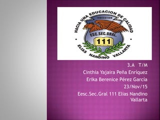 3.A T/M
Cinthia Yajaira Peña Enríquez
Erika Berenice Pérez García
23/Nov/15
Eesc.Sec.Gral 111 Elias Nandino
Vallarta
 