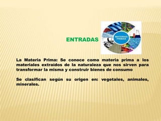 ENTRADAS
La Materia Prima: Se conoce como materia prima a los
materiales extraídos de la naturaleza que nos sirven para
transformar la misma y construir bienes de consumo
Se clasifican según su origen en: vegetales, animales,
minerales.
 