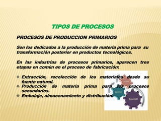 TIPOS DE PROCESOS
PROCESOS DE PRODUCCION PRIMARIOS
Son los dedicados a la producción de materia prima para su
transformación posterior en productos tecnológicos.
En las industrias de procesos primarios, aparecen tres
etapas en común en el proceso de fabricación:
 Extracción, recolección de los materiales desde su
fuente natural.
 Producción de materia prima para los procesos
secundarios.
 Embalaje, almacenamiento y distribución.
 