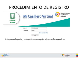 PROCEDIMIENTO DE REGISTRO
Se ingresan el usuario y contraseña, para proceder a ingresar la nueva clave.
 