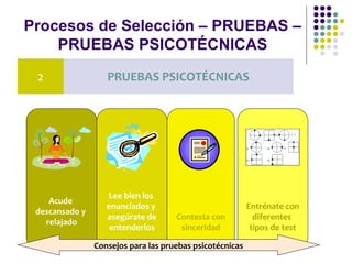 Procesos de Selección – PRUEBAS –
PRUEBAS PSICOTÉCNICAS
2 PRUEBAS PSICOTÉCNICAS
Acude
descansado y
relajado
Lee bien los
enunciados y
asegúrate de
entenderlos
Contesta con
sinceridad
Entrénate con
diferentes
tipos de test
Consejos para las pruebas psicotécnicas
 