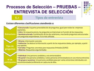 Procesos de Selección – PRUEBAS –
ENTREVISTA DE SELECCIÓN
Estructura
Tipo de
preguntas
Nº de
participantes
•Estructurada: Esquema preestablecido de preguntas, igual para todas las empresas
aspirantes.
•Libre: Sin esquema previo, las preguntas se improvisan en función de las respuestas.
•Semiestructurada: Combinación de las dos anteriores, mezclando preguntas estructuradas
con preguntas estpontáneas. Es la más utilizada.
•Directa: Información concreta
•Indirectas: Se deduce la información a partir de las respuestas dadas, por ejemplo, a partir
una opinión.
•Cerradas: Preguntas concretas para respuestas limitadas (SI/NO)
•Abiertas: Respuestas argumentadas
•Individual: Una persona candidata y una entrevistadora
•De panel: Una persona candidata y varias personas entrevistadoras en una misma entrevista
•De grupo o sucesivas: Una persona candidata pasa por varias entrevistas individuales con
un/a entrevistador/a diferente en cada una de ellas.
6.1 Tipos de entrevista
Existen diferentes clasificaciones atendiendo a:
 