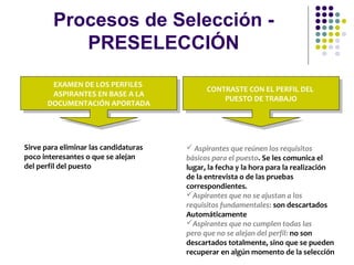 Procesos de Selección -
PRESELECCIÓN
EXAMEN DE LOS PERFILES
ASPIRANTES EN BASE A LA
DOCUMENTACIÓN APORTADA
EXAMEN DE LOS PERFILES
ASPIRANTES EN BASE A LA
DOCUMENTACIÓN APORTADA
CONTRASTE CON EL PERFIL DEL
PUESTO DE TRABAJO
CONTRASTE CON EL PERFIL DEL
PUESTO DE TRABAJO
Sirve para eliminar las candidaturas
poco interesantes o que se alejan
del perfil del puesto
 Aspirantes que reúnen los requisitos
básicos para el puesto. Se les comunica el
lugar, la fecha y la hora para la realización
de la entrevista o de las pruebas
correspondientes.
Aspirantes que no se ajustan a los
requisitos fundamentales: son descartados
Automáticamente
Aspirantes que no cumplen todas las
pero que no se alejan del perfil: no son
descartados totalmente, sino que se pueden
recuperar en algún momento de la selección
 