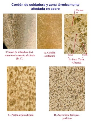 Cordón de soldadura y zona térmicamente
afectada en acero
Martensi
ta

Cordón de soldadura (A),
zona térmicamente afectada
(B, C,)

C. Perlita esferoidizada

A. Cordón
soldadura

Bainit
a

Perlit
a

B. Zona Term.
Afectada

D. Acero base ferrítico perlítico

 