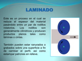 Este es un proceso en el cual se
reduce el espesor del material
pasándolo entre un par de rodillos
rotatorios. Los rodillos son
generalmente cilíndricos y producen
productos planos tales como
láminas o cintas.
También pueden estar ranurados o
grabados sobre una superficie a fin
de cambiar el perfil, así como
estampar patrones en relieve.
 