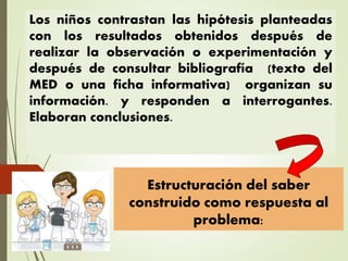 Estructuración del saber
construido como respuesta al
problema:
Los niños contrastan las hipótesis planteadas
con los resultados obtenidos después de
realizar la observación o experimentación y
después de consultar bibliografía (texto del
MED o una ficha informativa) organizan su
información. y responden a interrogantes.
Elaboran conclusiones.
 
