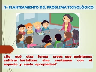 ¿De qué otra forma crees que podríamos
cultivar hortalizas sino contamos con el
espacio y suelo apropiados?
1- PLANTEAMIENTO DEL PROBLEMA TECNOLÓGICO
 