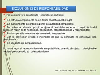 Por fuerza mayor o caso fortuito (Terremoto, un naufragio)
En estricto cumplimiento de un deber constitucional o legal
En cumplimiento de orden legítima de autoridad competente.
Por salvar un derecho propio o ajeno al cual deba ceder el cumplimiento del
deber, en razón de la necesidad, adecuación, proporcionalidad y razonabilidad.
Por insuperable coacción ajena o miedo insuperable.
Con la convicción errada e invencible de que su conducta no constituye falta
disciplinaria.
En situación de inimputabilidad.
No habrá lugar al reconocimiento de inimputabilidad cuando el sujeto disciplinable
hubiere preordenado su comportamiento.
LEY 734/02 Art. 28 y art. 41 de la Ley 1015 de 2006
EXCLUSIONES DE RESPONSABILIDAD
 