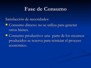 Fase de Consumo Satisfacción de necesidades: Consumo directo: no se utiliza para generar otros bienes.  Consumo productivo: una  parte de los recursos producidos se reserva para reiniciar el proceso económico.  