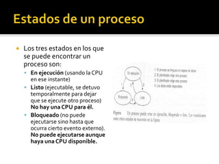 Estados de un proceso<br />Los tres estados en los que se puede encontrar un proceso son:<br />En ejecución (usando la CPU...