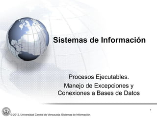 ´




                                  Sistemas de Información



                                         Procesos Ejecutables.
                                        Manejo de Excepciones y
                                      Conexiones a Bases de Datos

                                                                     1
© 2012, Universidad Central de Venezuela. Sistemas de Información.
 