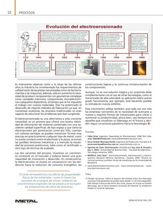 PROCESOS22
WWW.METALACTUAL.COM
El corte termoeléctrico no afecta las propiedades
físicas de los materiales –como lo hacen los
procesos de arranque de viruta– preserva las
características originales de las piezas y se excluyen
los tratamientos de alivio de tensiones.
Es interesante observar cómo a lo largo de los últimos
años la industria ha incrementado los requerimientos de
calidad tanto de las piezas mecanizadas como de las herra-
mientas y las máquinas, además, está en aumento la nece-
sidad de producir componentes con geometrías complejas
como cavidades interiores, componentes microelectróni-
cos o pequeños dispositivos, al tiempo que se ha impuesto
el trabajo con nuevos materiales. Esto ha potenciado el
desarrollo de mejores métodos de fabricación ya que, en
numerosas ocasiones, los procesos tradicionales no eran
capaces de solucionar los problemas que iban surgiendo.
El electroerosionado es una alternativa a esta creciente
necesidad, es un proceso que ofrece una buena veloci-
dad de eliminación de material combinada con una ex-
celente calidad superficial, de tipo espejo y que tanto la
electroerosión por penetración como por hilo, cuentan
con valiosas ventajas; se pueden mecanizar formas muy
precisas en prácticamente cualquier tipo de metal, como
no existe contacto entre el electrodo y la pieza, se evitan
las posibles tensiones mecánicas y a menudo la necesi-
dad de procesos posteriores, tales como el rectificado u
otro tipo de técnicas de acabado.
Las dos variantes del proceso, muestran un crecimien-
to constante en el mercado y todavía tienen una gran
capacidad de innovación y desarrollo. En consecuencia,
la electroerosión se mueve en consonancia con las ten-
dencias hacia la reducción de consumo energético, las
construcciones ligeras y la continua miniaturización de
los componentes.
Aunque, no es una solución mágica y en ocasiones debe
complementarse con el uso de otras tecnologías, como el
mecanizado de alta velocidad, su aplicación sobre aceros
grado herramienta, por ejemplo, está haciendo posible
su entrada en nuevos ámbitos.
Este crecimiento refleja también, que cada vez son más
las empresas concientes de la necesidad de acercarse a
nuevas y mejores formas de mecanizados para crecer y
aumentar su productividad, ahora bien, casi siempre son
aquellas que visualizan su liderazgo en el futuro y deci-
den seguir un proceso paulatino hacia la tecnología.
Fuentes
•	 Fabio Arias. Ingeniero. Especialista en Electroerosión. EDM Tech Ltda.
arias_fabio@hotmail.com. www.edmtechelectroerosion.com
•	 Oscar Andrés Manrique Pardo. Ingeniero de Producción. Herratec S.A.
oscar.manrique@herratec.com.co. www.herratec.com.co.
•	 Apuntes de Clase: Electroerosión. Dictadas por Ing. Juan B. Giraudi y
Ing. C. Altini. Universidad de Buenos Aires – Facultad de Ingeniería –
Tecnología mecánica. 2005.
•	 MORELA, Sola Pere*. Electromecanizado, electroerosión y electro-
químico. Boixareu Editores. Barcelona – España. 2004. *Doctor en
ciencias químicas, profesor titular de metalurgia de la Universidad de
Barcelona.
•	 www.edmtechelectroerosion.com - www.interempresas.net. - www.
ona-electroerosion.com
Citas
1)	Tiempo de pausa: indica el espacio del tiempo entre dos descargas
sucesivas. Este parámetro se puede variar desde 1 a 127 microsegundos.
Este tiempo transcurrido entre dos ciclos, pausa, en el que no existen
descargas, por lo tanto tampoco arranque de material, se emplea en
limpiar el canal de descarga.
Gráfico:MetalActual
 