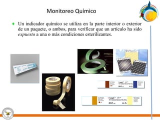 Monitoreo Químico
♦ Un indicador químico se utiliza en la parte interior o exterior
de un paquete, o ambos, para verificar que un artículo ha sido
expuesto a una o más condiciones esterilizantes.
 
