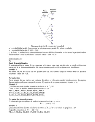 Diagrama de árbol de eventos del ejemplo 2
a. La probabilidad será 0.5 puesto que se pide una consecuencia del primer resultado
b. La probabilidad será 0.5*0.16 = 0.08
c. Se busca la probabilidad complemento del evento del literal anterior, es decir que la probabilidad de
no obtener un 4 en el experimento aleatorio será 1 – 0.08 = 0.92

Combinaciones:
As
Regla de multiplicación:
Si una operación se puede llevar a cabo de n formas y para cada una de estas se puede realizar una
operación de m formas entonces las dos operaciones se pueden realizar juntas en n X m formas.
Ejemplo 3:
Al lanzar un par de dados los dos pueden caer de seis formas luego el número total de posibles
resultados será 6 X 6 = 36.

Permutación:
Es un arreglo de una parte o un conjunto de datos; es relevante cuando interés conocer de cuantas
formas pueden ordenarse ciertos elementos. El número de permutaciones de n objetos es n!.
Ejemplo 4:
¿De cuantas formas pueden ordenarse las letras A, B, C y D?
Cómo se trata de 4 letras podrán ordenarse de 4! = 24
ABCD, ABDC, ACBD, ACDB, ADBC, ADCB
BACD, BADC, CABD, CADB, DABC, DACB
DABC, DACB, DBAC, DBCA, DCAB, DCBA

Permutación tomando grupos:
El número de permutaciones de n elementos tomados de r a la vez es:
                                        PGrupos de R=n!/(n - r)!
Ejemplo 5:
¿De cuántas formas pueden ordenarse las letras A, B, C y D si se toman en grupos de a 2?
Se pueden organizar de 4!/(4 – 2)! = 12
AB, AC, AD, BA, BC, BD, CA, CB, CD, DA, DB, DC
 