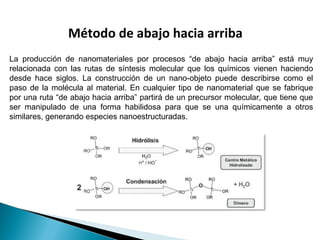 Método de abajo hacia arriba
La producción de nanomateriales por procesos “de abajo hacia arriba” está muy
relacionada con las rutas de síntesis molecular que los químicos vienen haciendo
desde hace siglos. La construcción de un nano-objeto puede describirse como el
paso de la molécula al material. En cualquier tipo de nanomaterial que se fabrique
por una ruta “de abajo hacia arriba” partirá de un precursor molecular, que tiene que
ser manipulado de una forma habilidosa para que se una químicamente a otros
similares, generando especies nanoestructuradas.
 