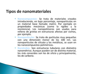  Nanocompuestos: Se trata de materiales creados
introduciendo, en bajo porcentaje, nanopartículas en
un material base llamado matriz. Por ejemplo en
propiedades mecánicas (como la rigidez y la
resistencia). Los nanopolímeros son usados para
relleno de grietas en estructuras afectas por sismos,
por ejemplo.
 Nanopartículas: Se trata de partículas muy pequeñas
con una dimensión menor de los 100 nm. Las
nanopartículas de silicato y las metálicas, se usan en
los nanocompuestos poliméricos.
 Nanotubos: Son estructuras tubulares con diámetro
nanométrico. Aunque pueden ser de distinto material,
los más conocidos son los de silicio y principalmente,
los de carbono.
 