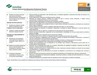 6.   Sustenta una postura personal                  Elige las fuentes de información más relevantes para un propósito específico y discrimina entre ellas de acuerdo a su
     sobre temas de interés y                        relevancia y confiabilidad.
     relevancia general, considerando               Evalúa argumentos y opiniones e identifica prejuicios y falacias.
     otros puntos de vista de manera                Reconoce los propios prejuicios, modifica sus puntos de vista al conocer nuevas evidencias, e integra nuevos
     crítica y reflexiva.                            conocimientos y perspectivas al acervo con el que cuenta.
                                                    Estructura ideas y argumentos de manera clara, coherente y sintética.
Aprende de forma autónoma                           Define metas y da seguimiento a sus procesos de construcción de conocimiento.
                                                    Identifica las actividades que le resultan de menor y mayor interés y dificultad, reconociendo y controlando sus reacciones
7.  Aprende por iniciativa e interés                 frente a retos y obstáculos.
    propio a lo largo de la vida.                   Articula saberes de diversos campos y establece relaciones entre ellos y su vida cotidiana.
Trabaja en forma colaborativa                       Propone maneras de solucionar un problema o desarrollar un proyecto en equipo, definiendo un curso de acción con
                                                     pasos específicos.
8.   Participa y colabora de manera                 Aporta puntos de vista con apertura y considera los de otras personas de manera reflexiva.
     efectiva en equipos diversos.                  Asume una actitud constructiva, congruente con los conocimientos y habilidades con los que cuenta dentro de distintos
                                                     equipos de trabajo.
Participa con responsabilidad en                    Privilegia el diálogo como mecanismo para la solución de conflictos.
la sociedad                                         Toma decisiones a fin de contribuir a la equidad, bienestar y desarrollo democrático dela sociedad.
                                                    Conoce sus derechos y obligaciones como mexicano y miembro de distintas comunidades e instituciones, y reconoce el
9.   Participa con una conciencia                    valor de la participación como herramienta para ejercerlos.
     cívica y ética en la vida de su                Contribuye a alcanzar un equilibrio entre el interés y bienestar individual y el interés general de la sociedad.
     comunidad, región, México y el                 Actúa de manera propositiva frente a fenómenos de la sociedad y se mantiene informado.
     mundo.                                         Advierte que los fenómenos que se desarrollan en los ámbitos local, nacional e internacional ocurren dentro de un
                                                     contexto global interdependiente.
10. Mantiene una actitud respetuosa                 Reconoce que la diversidad tiene lugar en un espacio democrático de igualdad de dignidad y derechos de todas las
    hacia la interculturalidad y la                  personas, y rechaza toda forma de discriminación.
    diversidad de creencias, valores,               Dialoga y aprende de personas con distintos puntos de vista y tradiciones culturales mediante la ubicación de sus propias
    ideas y prácticas sociales.                      circunstancias en un contexto más amplio.
                                                    Asume que el respeto de las diferencias es el principio de integración y convivencia en los contextos local, nacional e
                                                     internacional.
11. Contribuye al desarrollo                        Asume una actitud que favorece la solución de problemas ambientales en los ámbitos local, nacional e internacional.
    sustentable de manera crítica,                  Reconoce y comprende las implicaciones biológicas, económicas, políticas y sociales del daño ambiental en un contexto
    con acciones responsables.                       global interdependiente.
                                                    Contribuye al alcance de un equilibrio entre los intereses de corto y largo plazo con relación al ambiente.

*Fuente: Acuerdo 444 por el que se establecen las competencias que constituyen el Marco Curricular Común del Sistema Nacional de Bachillerato.




Modelo Académico de Calidad para la Competitividad                                                                                               PFIS-02                  10/23
 