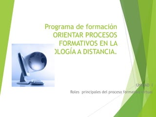 Programa de formación
ORIENTAR PROCESOS
FORMATIVOS EN LA
METODOLOGÍA A DISTANCIA.

UNIDAD I
Roles principales del proceso formativo virtual

 