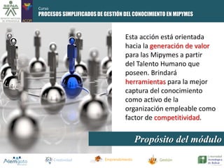 Curso 
PROCESOS SIMPLIFICADOS DE GESTIÓN DEL CONOCIMIENTO EN MIPYMES 
Esta acción está orientada 
hacia la generación de valor 
para las Mipymes a partir 
del Talento Humano que 
poseen. Brindará 
herramientas para la mejor 
captura del conocimiento 
como activo de la 
organización empleable como 
factor de competitividad. 
Propósito del módulo 
Creatividad Emprendimiento Gestión 
 